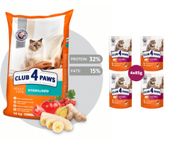 Club4Paws Premium pre kastrované mačky 14kg + 1x set Club4Paws s hovädzim mäsom 340g