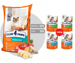 Club4Paws Premium pre kastrované mačky 14kg + 1x set Club4Paws s kuraci mäsom a lososom 340g