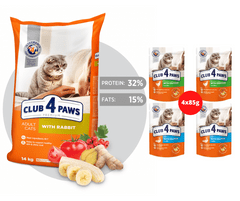 Club4Paws Premium s králikom 14kg + 1x set Club4Paws s kuraci mäsom a lososom 340g
