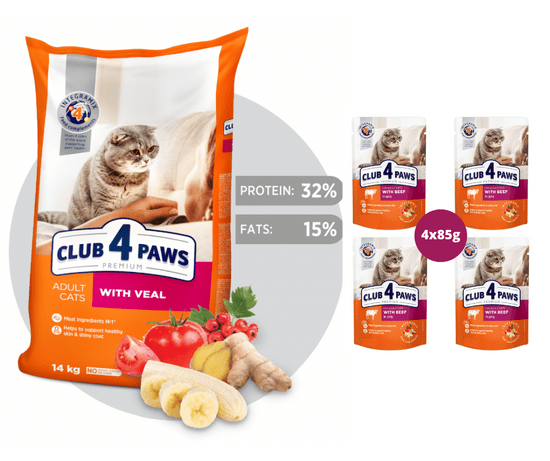 Club4Paws Premium pre mačky "s teľacím mäsom" 14 kg + 1x set Club4Paws s hovädzim mäsom 340g