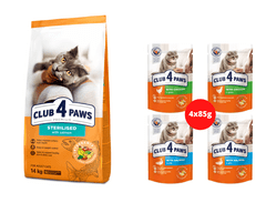 Club4Paws Premium pre sterilizované mačky s lososem 14kg + 1x set Club4Paws s kuraci mäsom a lososom 340g