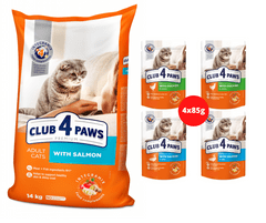 Club4Paws Premium s lososem pre dospelé mačky 14kg + 1x set Club4Paws s kuracim mäsom a lososom 340g
