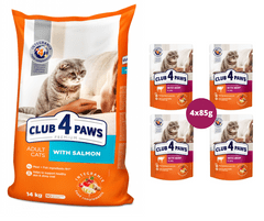 Club4Paws Premium s lososem pre dospelé mačky 14kg + 1x set Club4Paws s hovädzim mäsom 340g