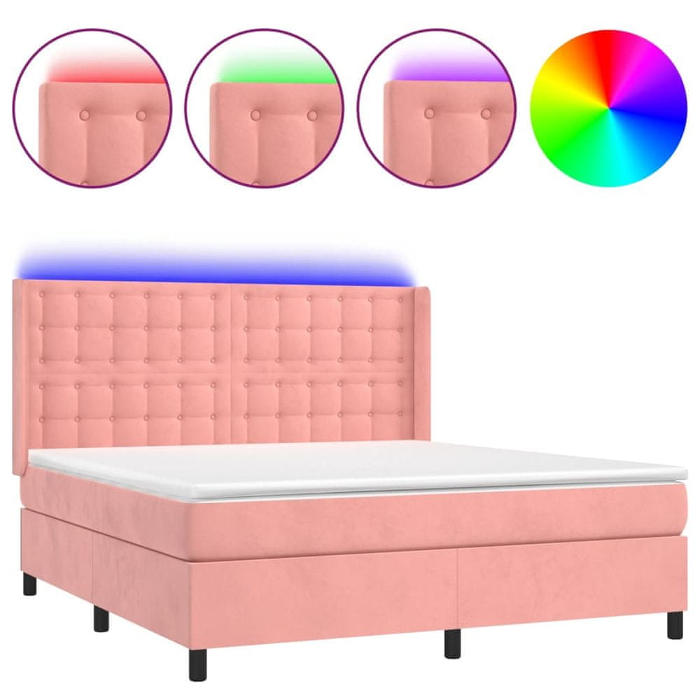 Vidaxl Posteľný rám boxsping s matracom a LED ružový 180x200 cm zamat