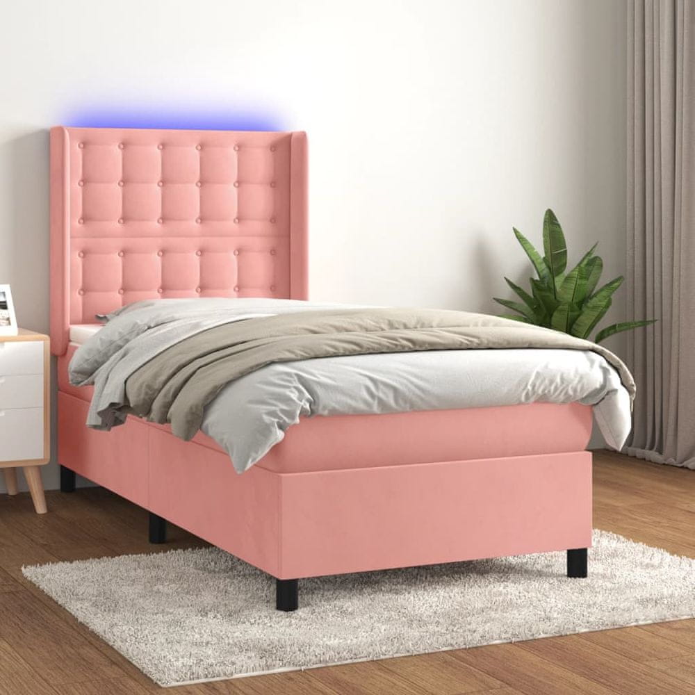 Vidaxl Posteľný rám boxsping s matracom a LED ružový 90x200 cm zamat
