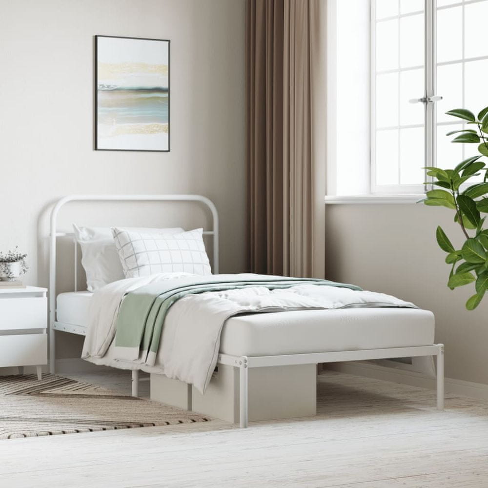 Vidaxl Kovový rám postele s čelom biely 107x203 cm