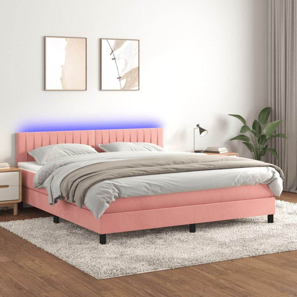 Vidaxl Posteľný rám boxsping s matracom a LED ružový 160x200 cm zamat
