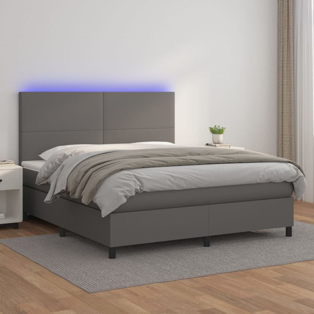 Vidaxl Boxspring posteľ s matracom a LED sivá 180x200 cm umelá koža