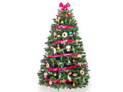 LAALU Ozdobený umelý vianočný stromček so 59 ks ozdôb ŠŤASTNÉ A RUŽOVÉ 150 cm so stojanom a vianočnými ozdobami