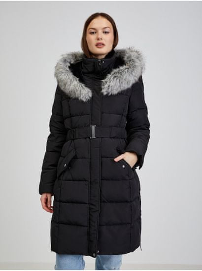 Orsay Čierny dámsky páperový zimný kabát s kapucňou a umelým kožúškom ORSAY
