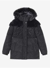 Desigual Čierna dievčenská vzorovaná zimná bunda s kapucou a umelým kožúškom Desigual Kids Exterior 98-104