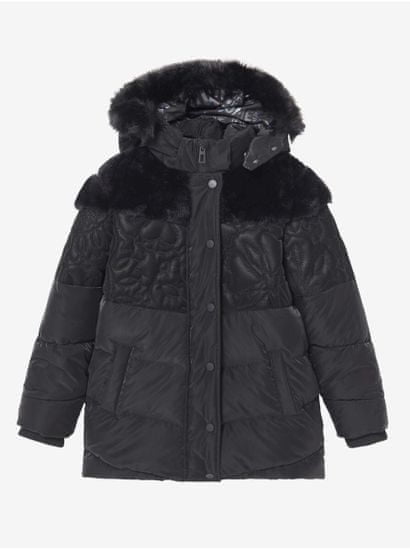 Desigual Čierna dievčenská vzorovaná zimná bunda s kapucou a umelým kožúškom Desigual Kids Exterior