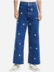Desigual Modré dámske široké kvetované džínsy Desigual Ideas XL