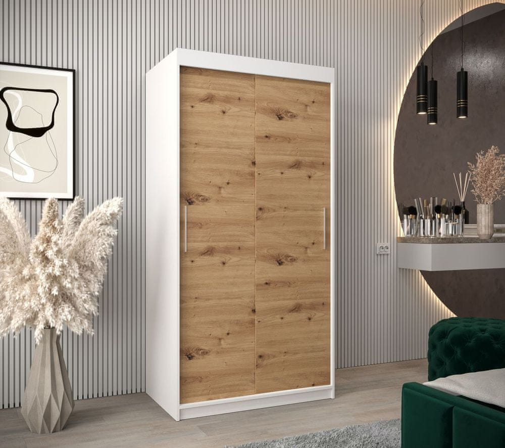 Veneti Skriňa s posuvnými dverami v šírke 100 cm TIMEA - biela / dub artisan