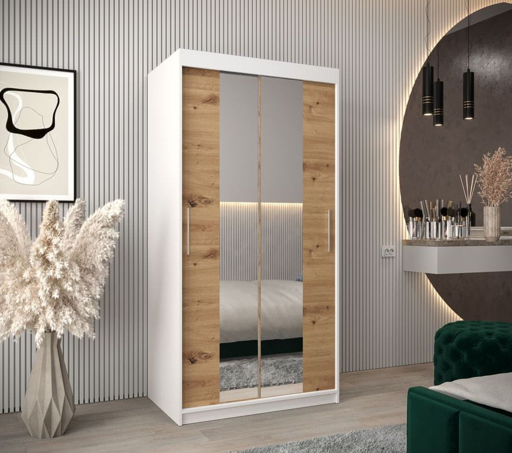 Veneti Skriňa s posuvnými dverami v šírke 100 cm TIMEA 1 - biela / dub artisan