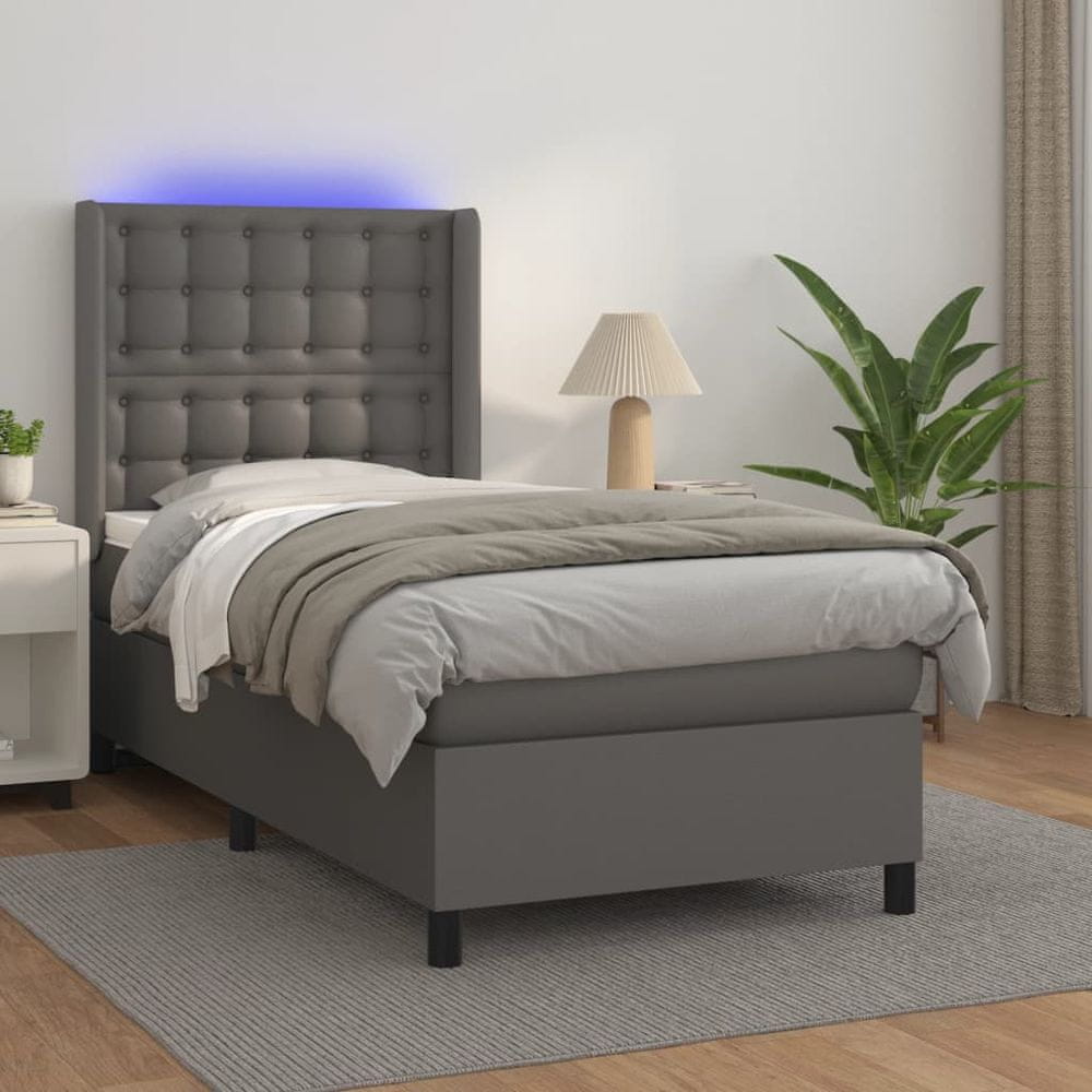 Vidaxl Boxspring posteľ s matracom a LED sivá 90x190 cm umelá koža