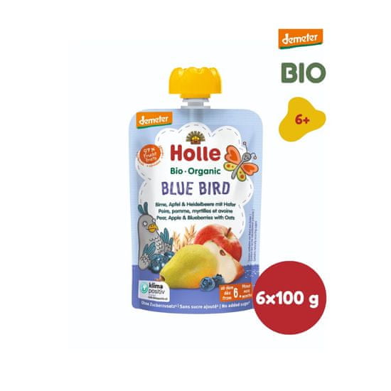 Holle Bio Blue Bird 100% ovocné pyré hruška, jablko, čučoriedky, vločky - 6 x 100g