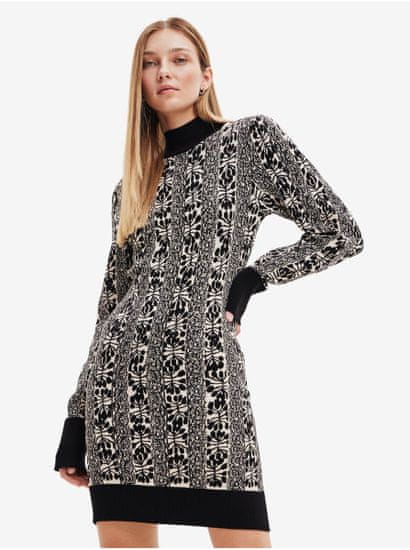 Desigual Béžovo-čierne dámske vzorované svetrové šaty Desigual Francesca - Lacroix