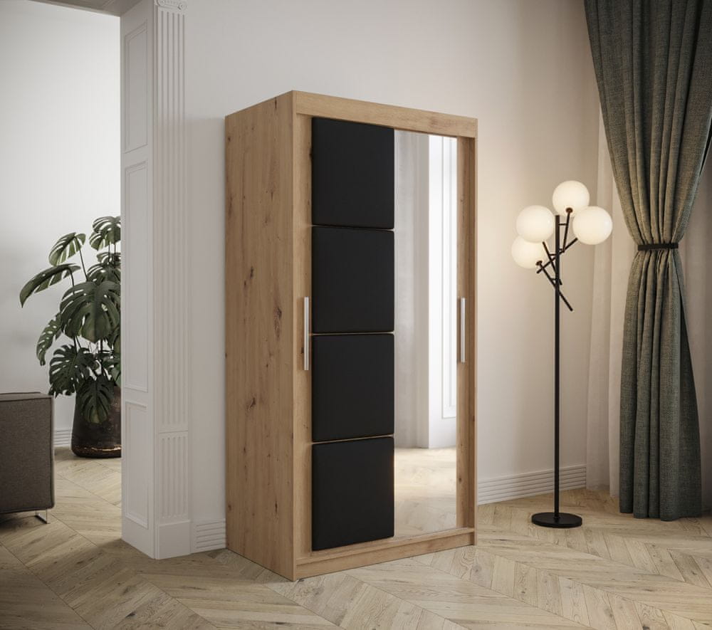Veneti Šatníková skriňa s posuvnými dverami 100 cm TALIA - dub artisan / čierna