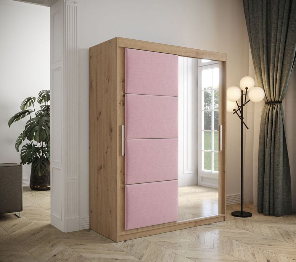 Veneti Šatníková skriňa s posuvnými dverami 150 cm TALIA - dub artisan / ružová