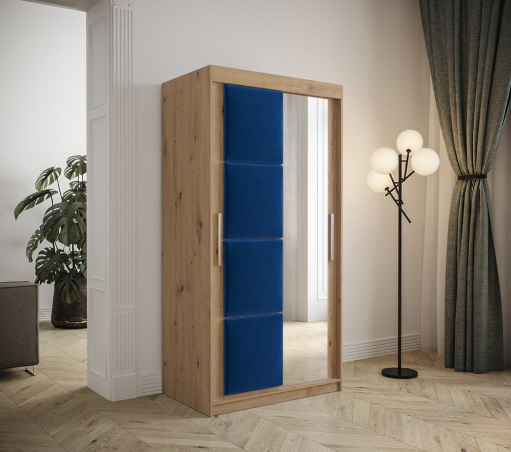 Veneti Šatníková skriňa s posuvnými dverami 100 cm TALIA - dub artisan / modrá