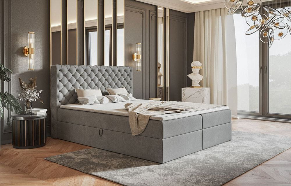 Veneti Boxspringová manželská posteľ BRUNA 1 - 160x200, svetlo šedá + topper