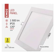 EMOS LED panel 220×220, štvorcový vstavaný biely,18W neutrálna b.