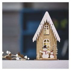 EMOS LED dekor. drevená – dom so snehuliakmi, 28,5 cm, 2x AA, vnútorná, teplá biela, časovač
