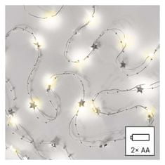 EMOS LED vianočná reťaz strieborný – hviezdičky, 1,9 m, 2x AA, vnútorný, teplá biela, časovač