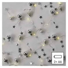 EMOS LED vianočná girlanda – strieborné guličky, 1,9 m, 2x AA, vnútorný, teplá biela, časovač