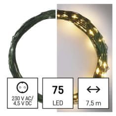 EMOS LED vianočná nano reťaz zelená, 7,5 m, vonkajšia aj vnútorná, teplá biela, časovač