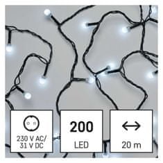 EMOS LED vianočná cherry reťaz – guličky, 20 m, vonkajšia aj vnútorná, studená biela, programy