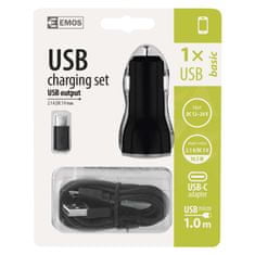 EMOS USB adaptér do auta 2,1A + micro USB kabel + USB-C redukcia