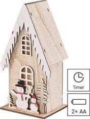 EMOS LED dekorácia drevená - domček so snehuliakmi, 28,5 cm, 2x AA, vnútorná, teplá biela, časovač