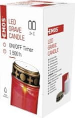 EMOS LED cintorínska sviečka červená, 2x C, vonkajšia aj vnútorná, teplá biela, časovač