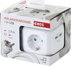 EMOS Rozbočovacia kocka s prívodom, 2× USB, 4 zás., 1,9m SCHUKO