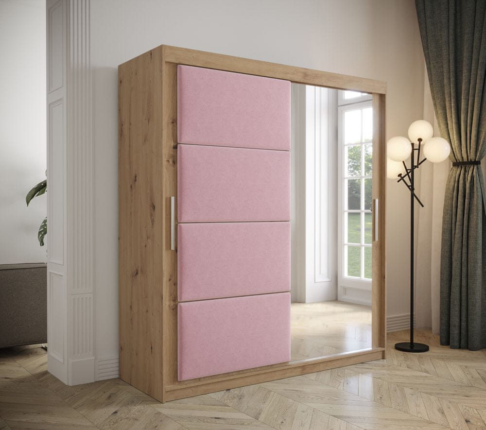 Veneti Šatníková skriňa s posuvnými dverami 200 cm TALIA - dub artisan / ružová