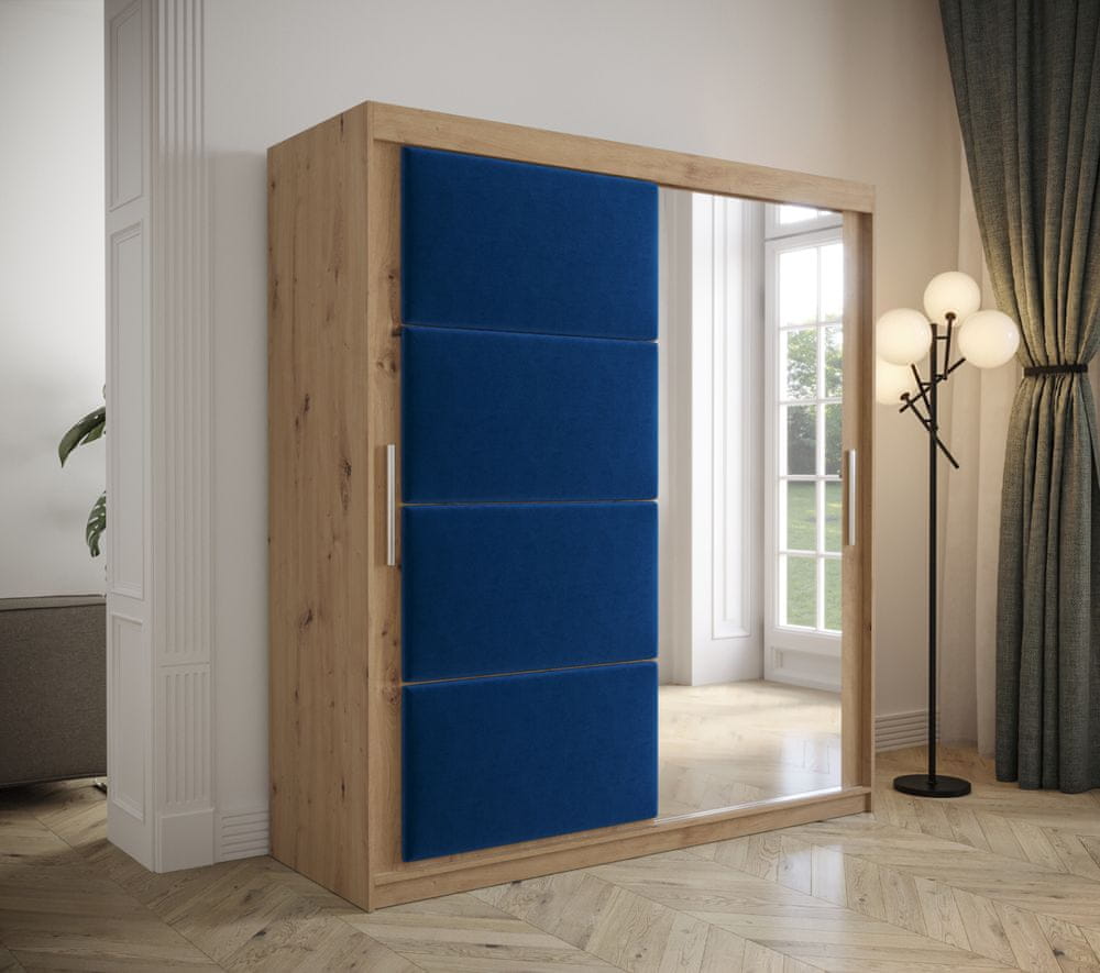 Veneti Šatníková skriňa s posuvnými dverami 200 cm TALIA - dub artisan / modrá