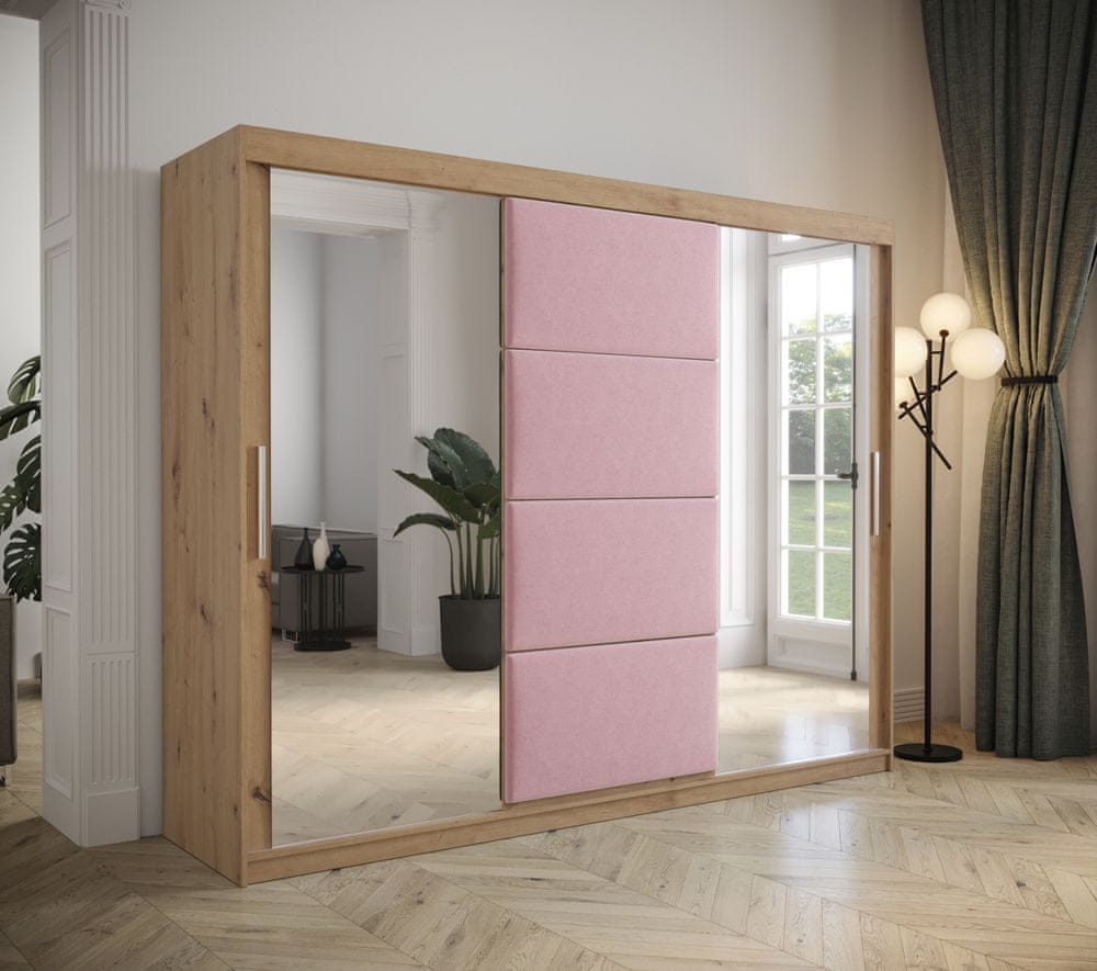 Veneti Šatníková skriňa s posuvnými dverami 250 cm TALIA - dub artisan / ružová