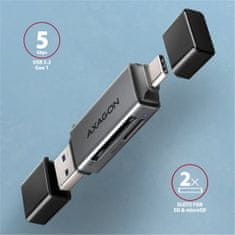 AXAGON CRE-DAC, USB-C + USB-A, 5 Gbps - mini čítačka kariet, 2-slot & lun SD/microSD, podpora UHS-I