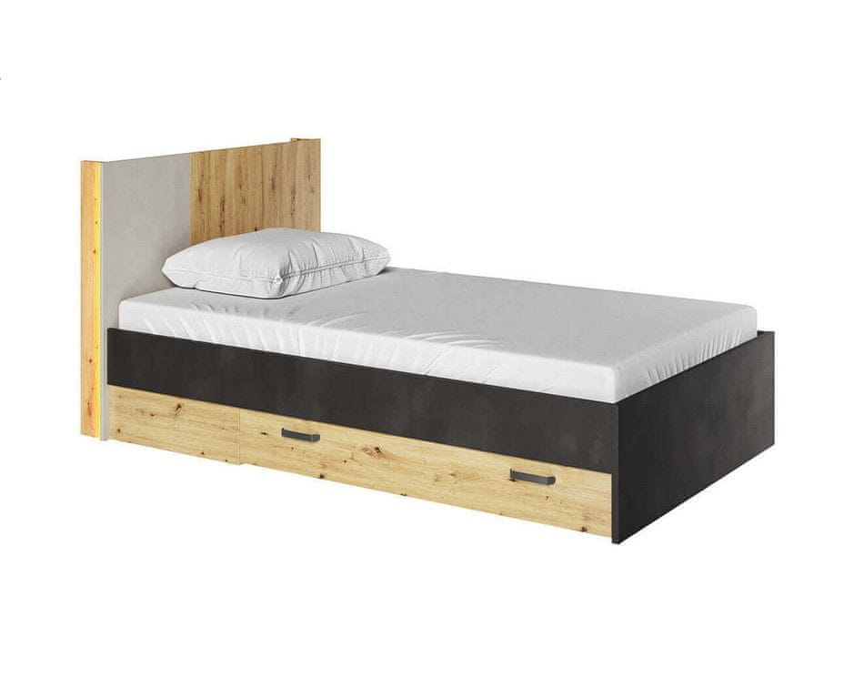 Veneti Jednolôžková posteľ s roštom a šuplíkmi QUYEN - 120x200, dub artisan / silk / raw steel