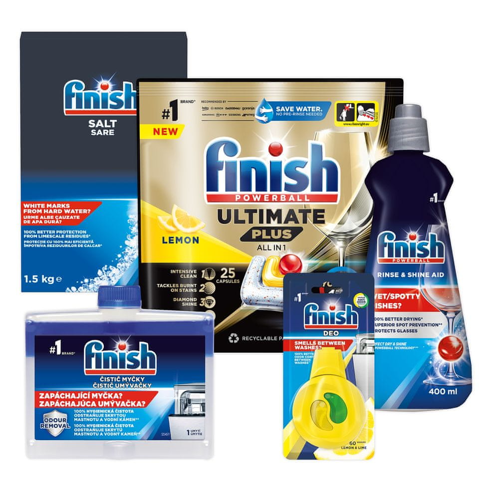 Finish Starter pack - Ultimate Plus All in 1 kapsula do umývačky riadu 25 ks Lemon + Soľ 1,5 kg + Leštidlo Shine&Dry Regular 400 ml + Osviežovač Odor