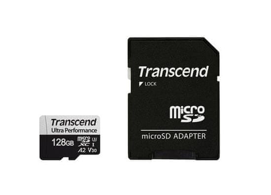 Transcend 128GB microSDXC 340S UHS-I U3 V30 A2 3D TLC (Class 10) pamäťová karta (s adaptérom), 160MB/s R, 125MB/s W
