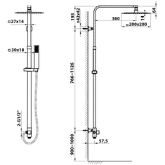 SAPHO , sprchový stĺp k napojeniu na batériu, pevná a ručná sprcha, hranatý, chróm, 1202-29