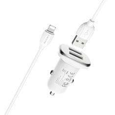 Borofone autonabíjačka s káblom - 2x USB s 2,4A káblom Lightning - Biela KP27926