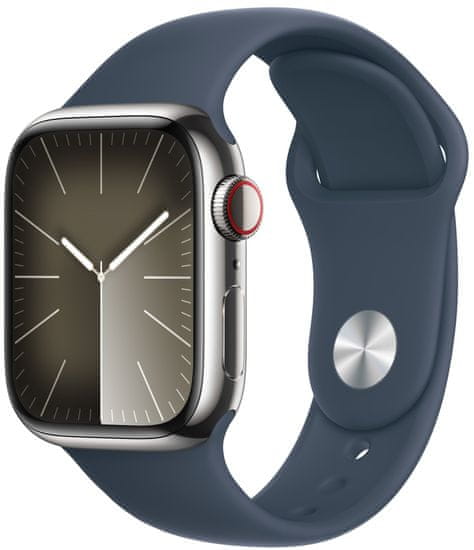 Apple Watch Series 9, Cellular, 41 mm, Silver Stainless Steel, Storm Blue Sport Band - S/M (MRJ23QC/A)