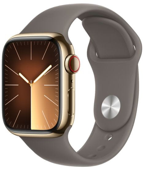 Apple Watch Series 9, Cellular, 41 mm, Gold Stainless Steel, Clay Sport Band - S/M (MRJ53QC/A)