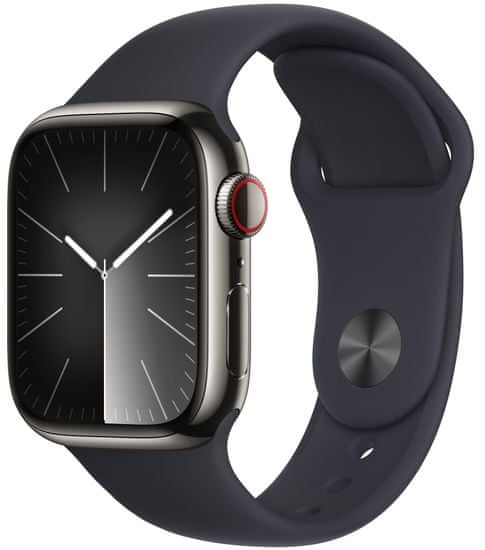 Apple Watch Series 9, Cellular, 41 mm, Graphite Stainless Steel, Midnight Sport Band - S/M (MRJ83QC/A)