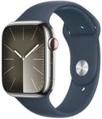 Apple Watch Series 9, Cellular, 45mm, Silver Stainless Steel, Blue Sport Band - M/L (MRMP3QC/A)