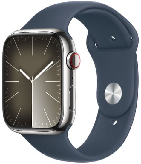 Apple Watch Series 9, Cellular, 45mm, Silver Stainless Steel, Storm Blue Sport Band - S/M (MRMN3QC/A)